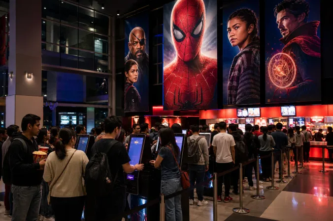 A crowded cinema lobby with Spider-Man: Brand New Day posters as audiences queue for evening screenings.