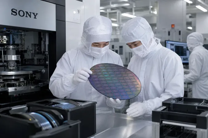 A clean-room semiconductor production floor with engineers examining a silicon wafer containing image sensor dies.