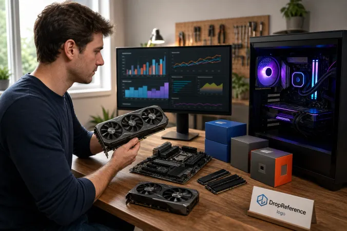 A gaming PC builder compares graphics cards and other components on a desktop monitor, with the DropReference logo visible beside the workstation.