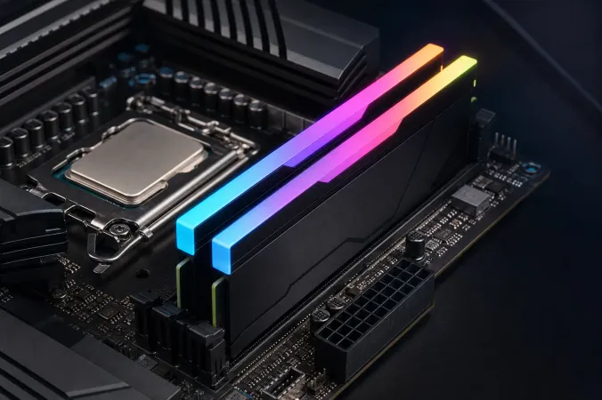 Two RGB-equipped DDR5 desktop memory modules installed in a high-end motherboard beside a processor socket.
