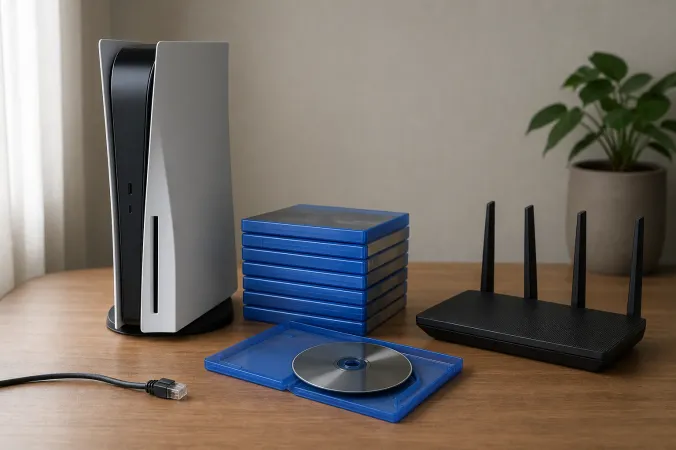 A game console beside a stack of unlabelled physical game cases and an unplugged network cable on a desk.