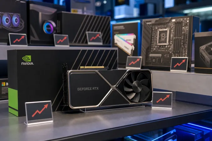 A high-end Nvidia GeForce graphics card on an electronics retailer counter beside price labels and boxed PC components.