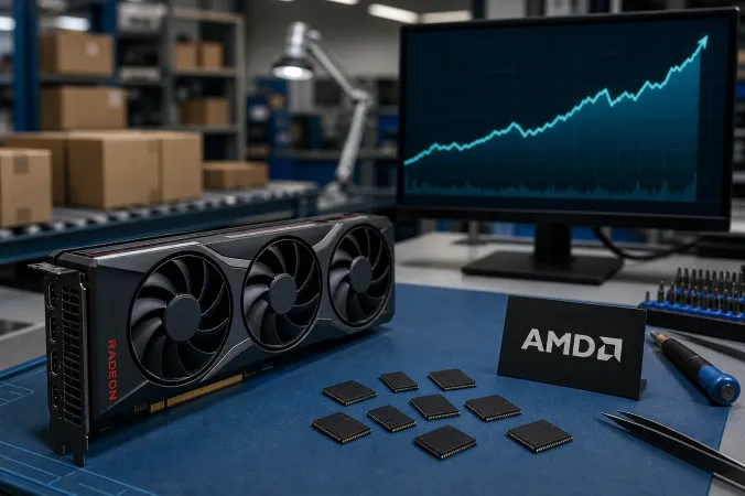 An AMD Radeon graphics card on an electronics workbench beside GDDR6 memory chips and a price chart on a monitor.