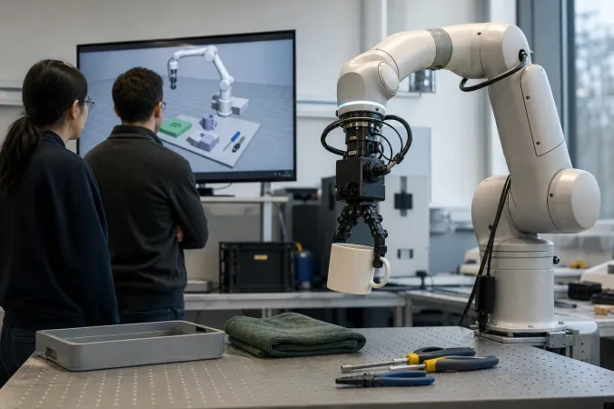A robotic arm in a modern laboratory uses a camera-equipped gripper to sort everyday objects on a workbench while engineers monitor a digital simulation nearby.