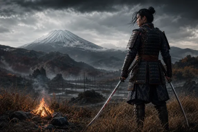 A lone warrior in layered Japanese armour stands in a misty Ezo valley at dawn, holding two katana near a campfire.