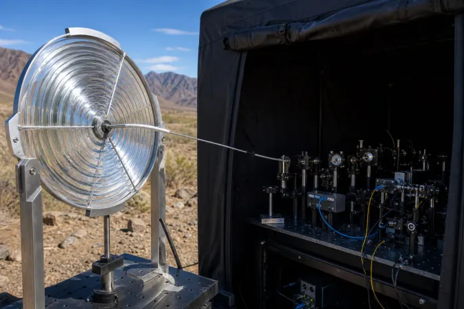 A Fresnel lens concentrating sunlight into an optical fibre connected to a sheltered quantum optics experiment.