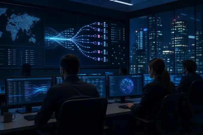 A security operations centre monitors network activity across connected servers and autonomous AI agent workflows.
