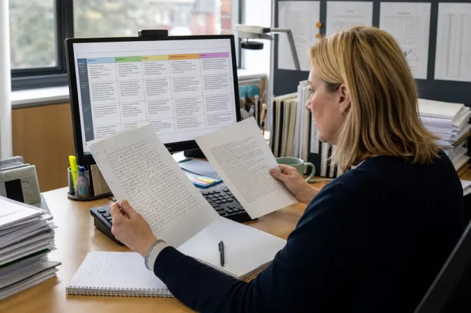 An education assessment specialist reviews anonymised sample writing on a computer beside printed moderation notes in a quiet office.