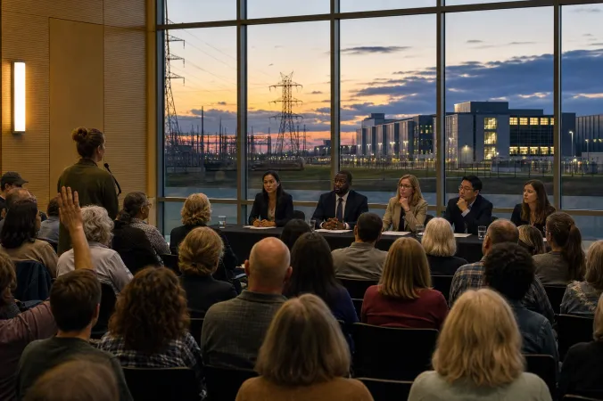 A public town-hall meeting with residents facing a panel discussion, with a large data-centre campus and power lines visible through the windows.
