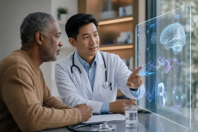 A physician and a patient reviewing clinical information beside a transparent AI-assisted medical display in a modern consultation room.