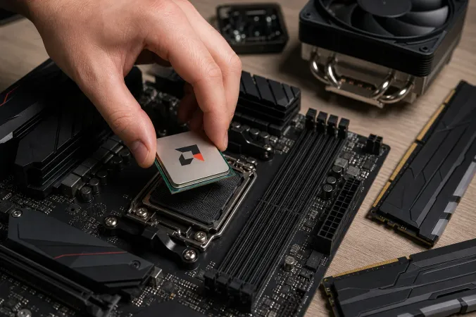 An AMD-branded desktop processor installed in an AM5 motherboard socket beside DDR5 memory modules.