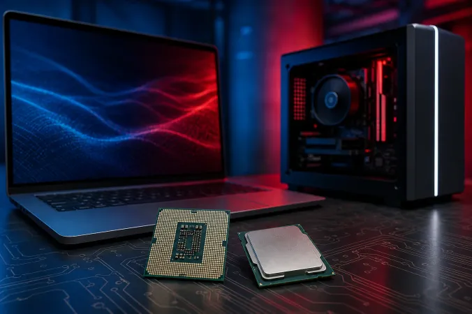 Unbranded desktop and laptop processor packages on a circuit-board workbench, with a laptop and desktop PC in the background.