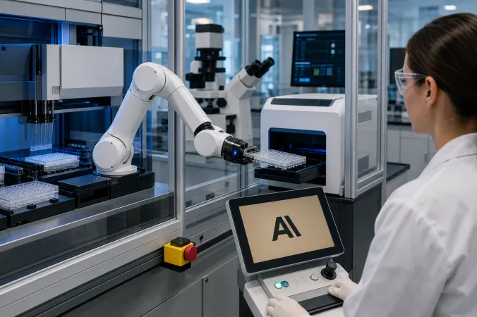 An AI-assisted laboratory with a robotic arm, liquid-handling equipment, microscope and safety monitor, featuring the Anthropic logo.