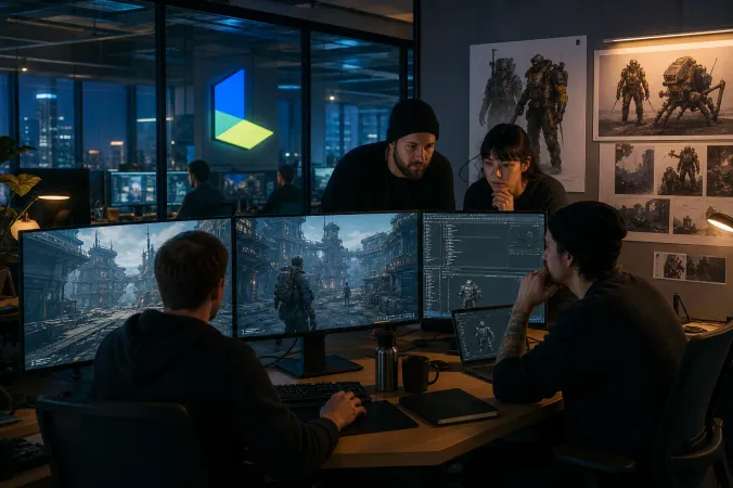Editorial illustration of a futuristic game-development studio displaying a sci-fi extraction game on large screens, with the Nexon logo visible.