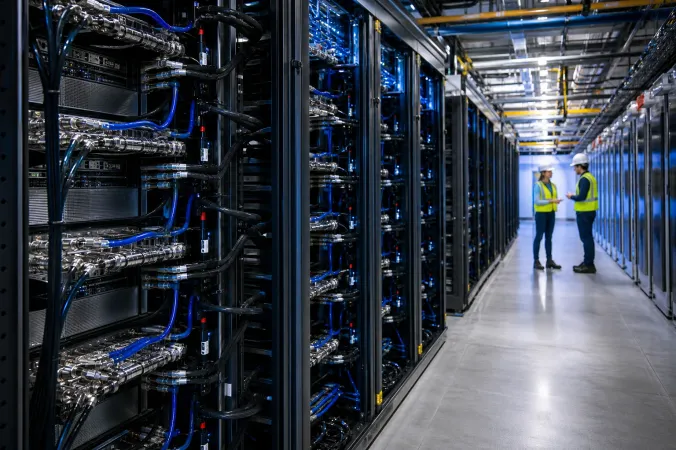 Rows of liquid-cooled AI servers in a modern cloud data centre with illuminated GPU racks and engineers in the background.