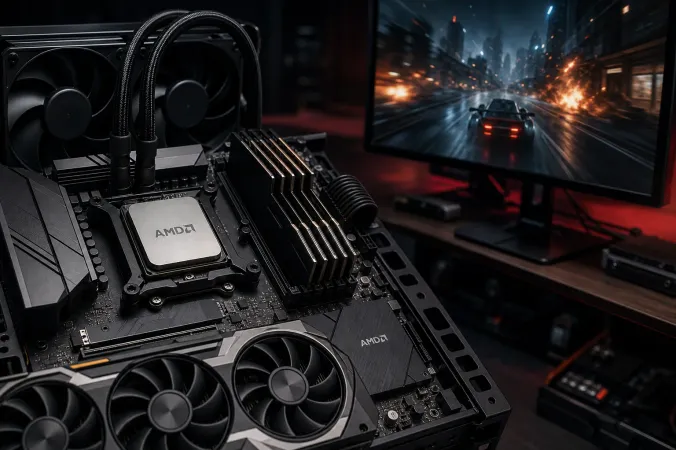 Editorial illustration of an AMD processor on a motherboard beside a gaming monitor, with the AMD logo visible.
