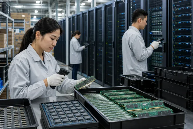 A server rack beside trays of DRAM chips and memory modules in a semiconductor supply-chain warehouse.