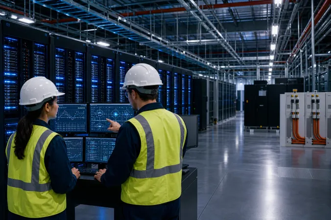 A modern AI data centre with server racks, power infrastructure and engineers monitoring equipment.