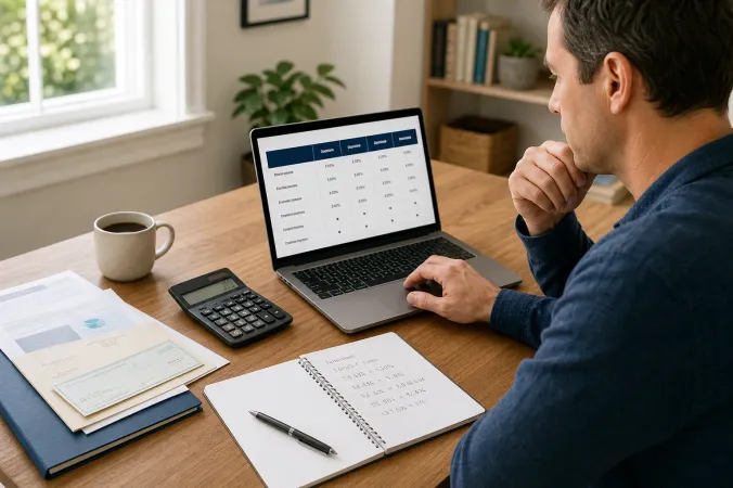 A person comparing certificate of deposit terms and savings figures on a laptop beside a notebook and calculator.