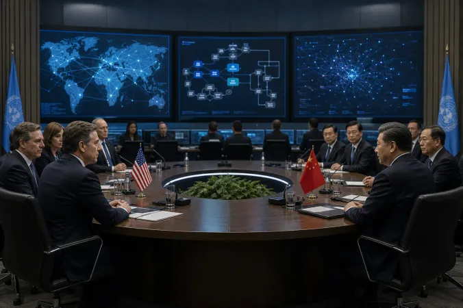 A secure international policy meeting with cybersecurity analysts monitoring AI agent activity on screens.