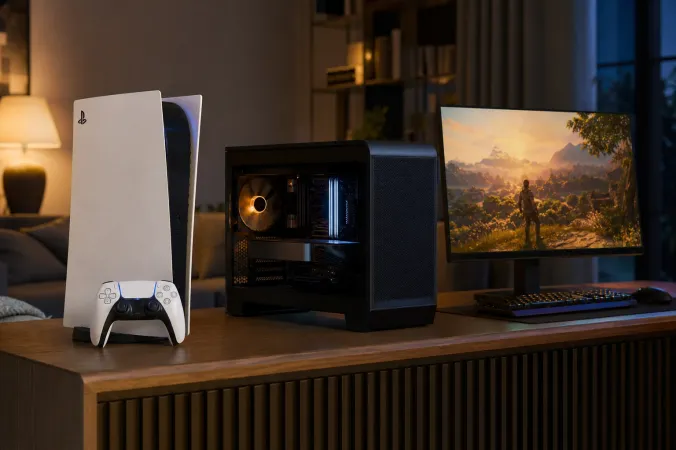 A PlayStation 5 console and controller beside a gaming desktop PC with a monitor in a modern living room.