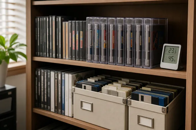 A neatly organised home game collection with cartridge cases, optical disc cases and floppy disks stored upright on a shelf.