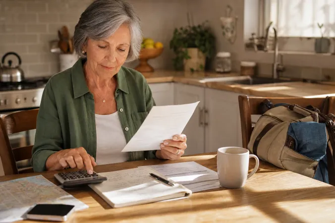A woman in her mid-sixties reviewing retirement income papers at a sunlit kitchen table while planning a trip.