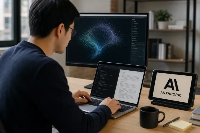 A software developer reviewing generated text and code on a laptop beside an Anthropic logo on a small display.