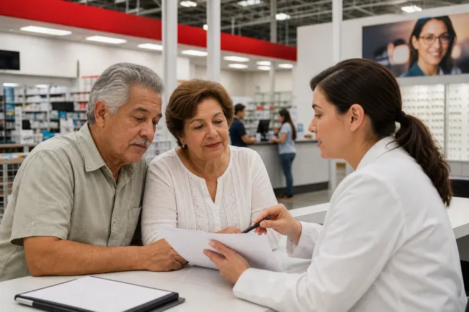 An older couple speaking with a healthcare adviser beside a Costco pharmacy counter in a warehouse setting.