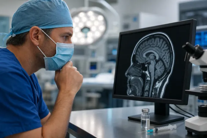A neurosurgeon reviewing a brain scan beside a vial of COVID-19 vaccine in a hospital research setting.