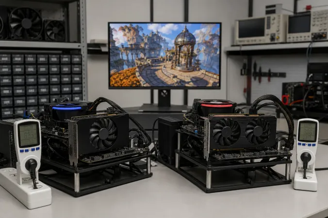 Two compact graphics cards installed in an open desktop PC test bench beside a monitor displaying a benchmark scene.