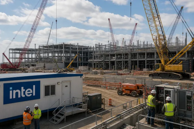 Construction workers in safety gear work beside steel structures and cranes at an Intel semiconductor factory site in Ohio.