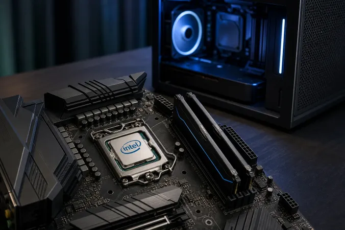 An Intel desktop processor on a motherboard beside two memory modules, with a compact gaming PC in the background.
