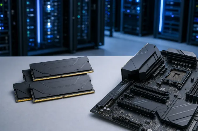 Close-up of DDR5 memory modules on a workbench beside a desktop motherboard, with data-centre server racks in the background.