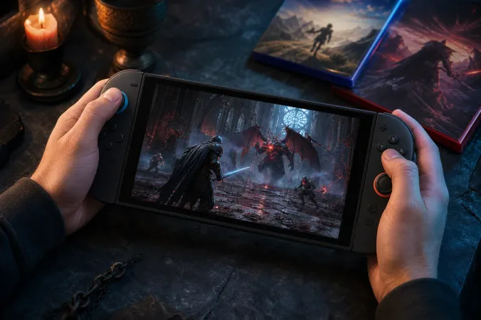 A Nintendo Switch 2 held in handheld mode displaying a dark fantasy action role-playing battle inspired by Diablo IV, with a demon-filled ruin in the background.