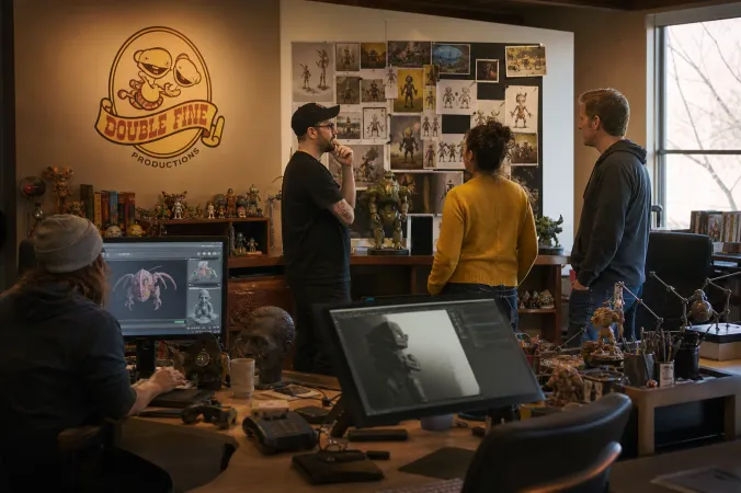 A creative game studio workspace with sketches, game controllers and a Double Fine logo displayed on a wall.