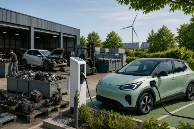 A recently manufactured petrol car at an automotive recycling facility beside a compact electric car connected to a charging point.