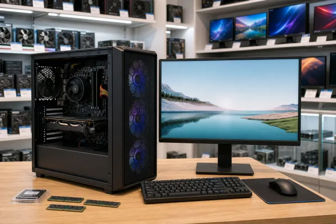A budget desktop PC setup with a graphics card beside a 24-inch monitor in a retail-style hardware display.
