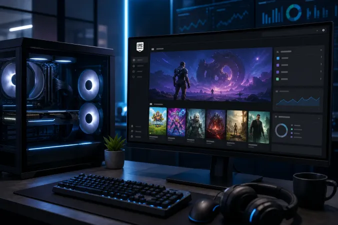 A desktop gaming setup showing the Epic Games Store on a monitor, with the official Epic Games logo displayed on the screen.