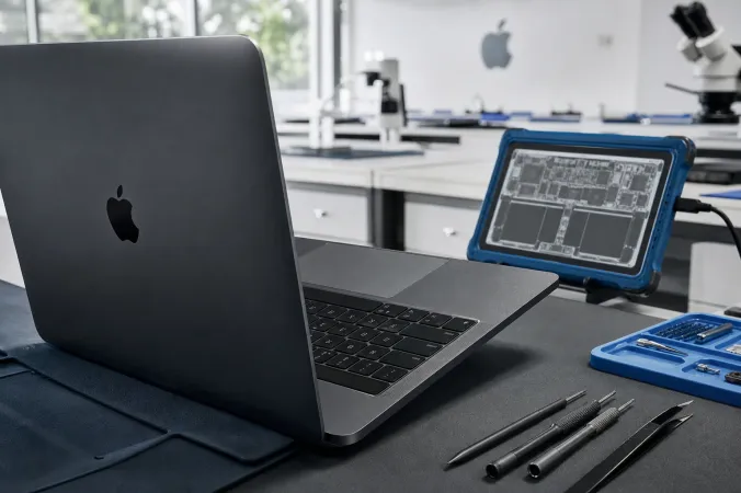 A space black MacBook Pro open on a repair technician’s workbench, with the Delete key area visible near the upper-right corner of the keyboard.