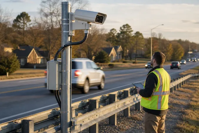 A roadside licence-plate reader camera mounted near a guardrail on a suburban Tennessee road, with traffic passing in the distance.