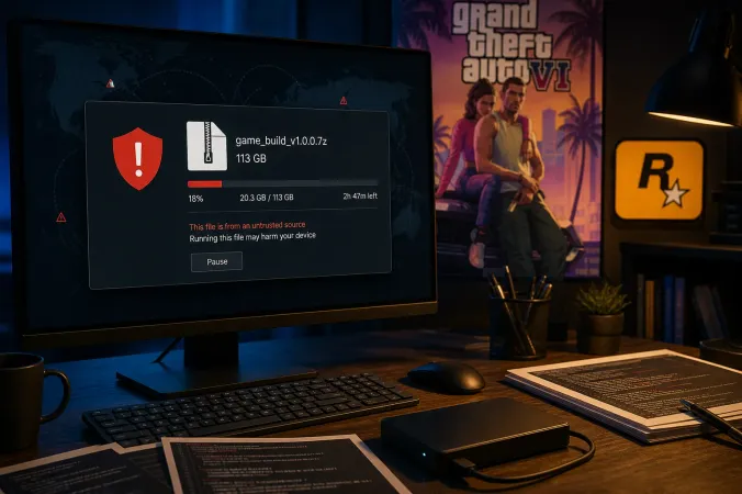 A desktop computer showing a suspicious oversized game download warning beside a shield icon, with Grand Theft Auto VI artwork and the Rockstar Games logo in the background.