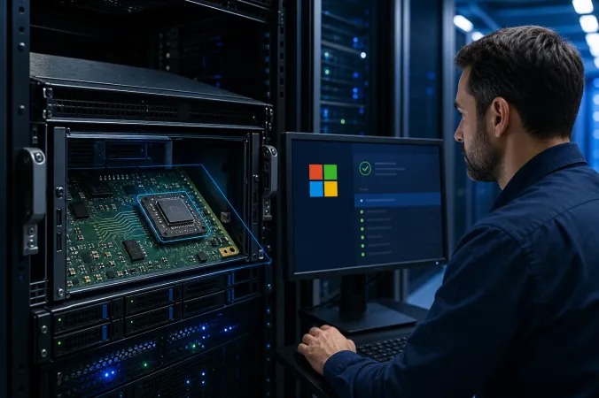 A data-centre server with a TPM security chip highlighted beside an administrator’s workstation, with the Microsoft logo visible.