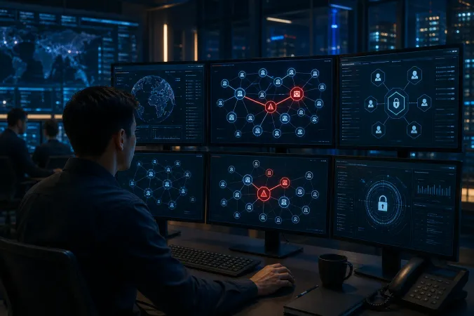 A security analyst monitors a network map showing connected AI agent nodes and an isolated alert path on multiple screens.