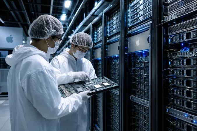 Technicians assemble Apple-branded AI server hardware in a modern data centre with illuminated server racks.