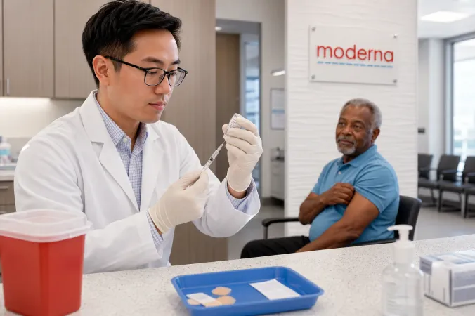 A pharmacist holding a flu vaccine vial and syringe in a modern vaccination clinic, with Moderna branding visible in the background.