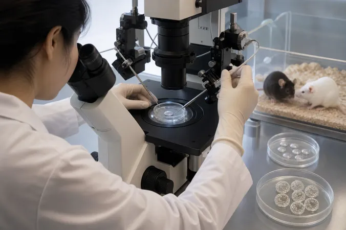 Scientific illustration of a mouse embryo nuclear-transfer procedure with male and female laboratory mice in a controlled research setting.