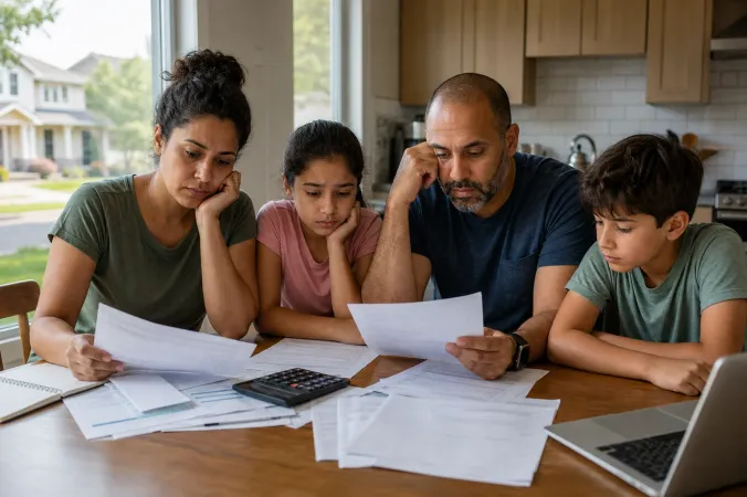 A US household reviewing bills, a credit report and a car-loan statement at a kitchen table.