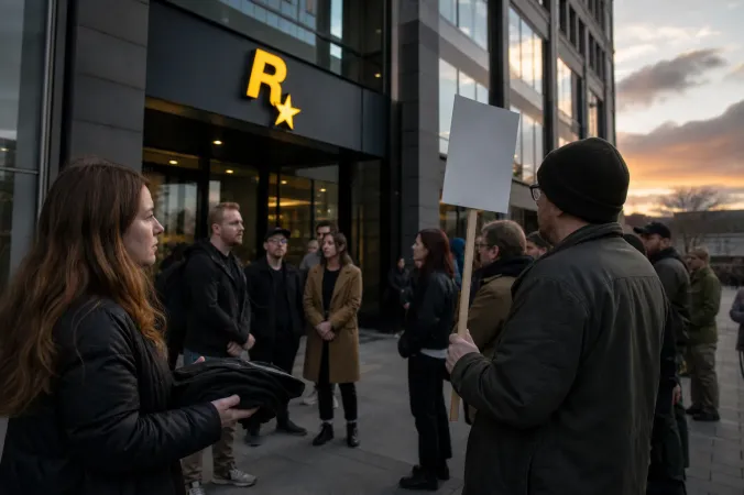 A protester outside a modern game studio holding a plain union-support T-shirt, with the Rockstar Games logo visible on the building.