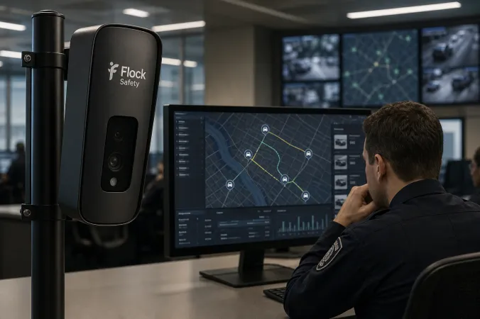 A Flock Safety licence plate recognition camera beside a police analyst reviewing a map-based vehicle search interface in a modern operations centre.